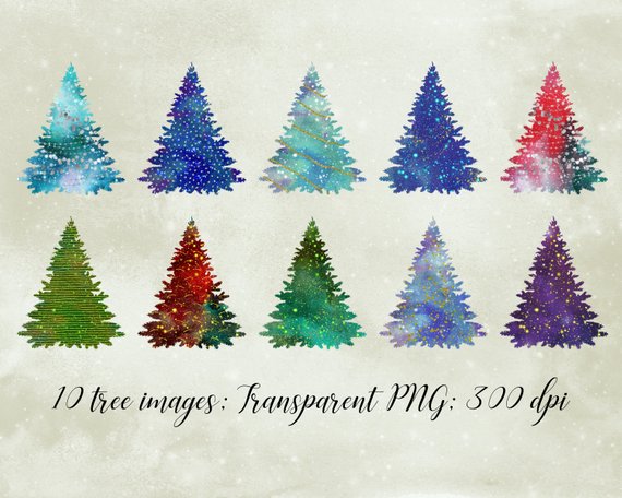 Christmas tree clipart, watercolor Christmas trees, glitter.