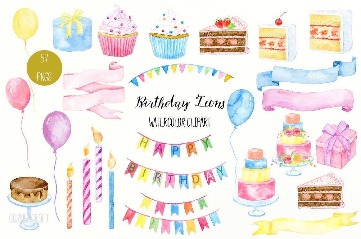 Watercolor Birthday Icons #floral#gift#buntings#ribbons.