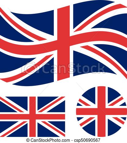 Great britain flag set. Rectangular, waving and circle Union Jack flag. UK,  british national symbol. Vector icons.