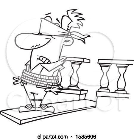 Clipart of a Cartoon Line Art Man Walking a Plank.