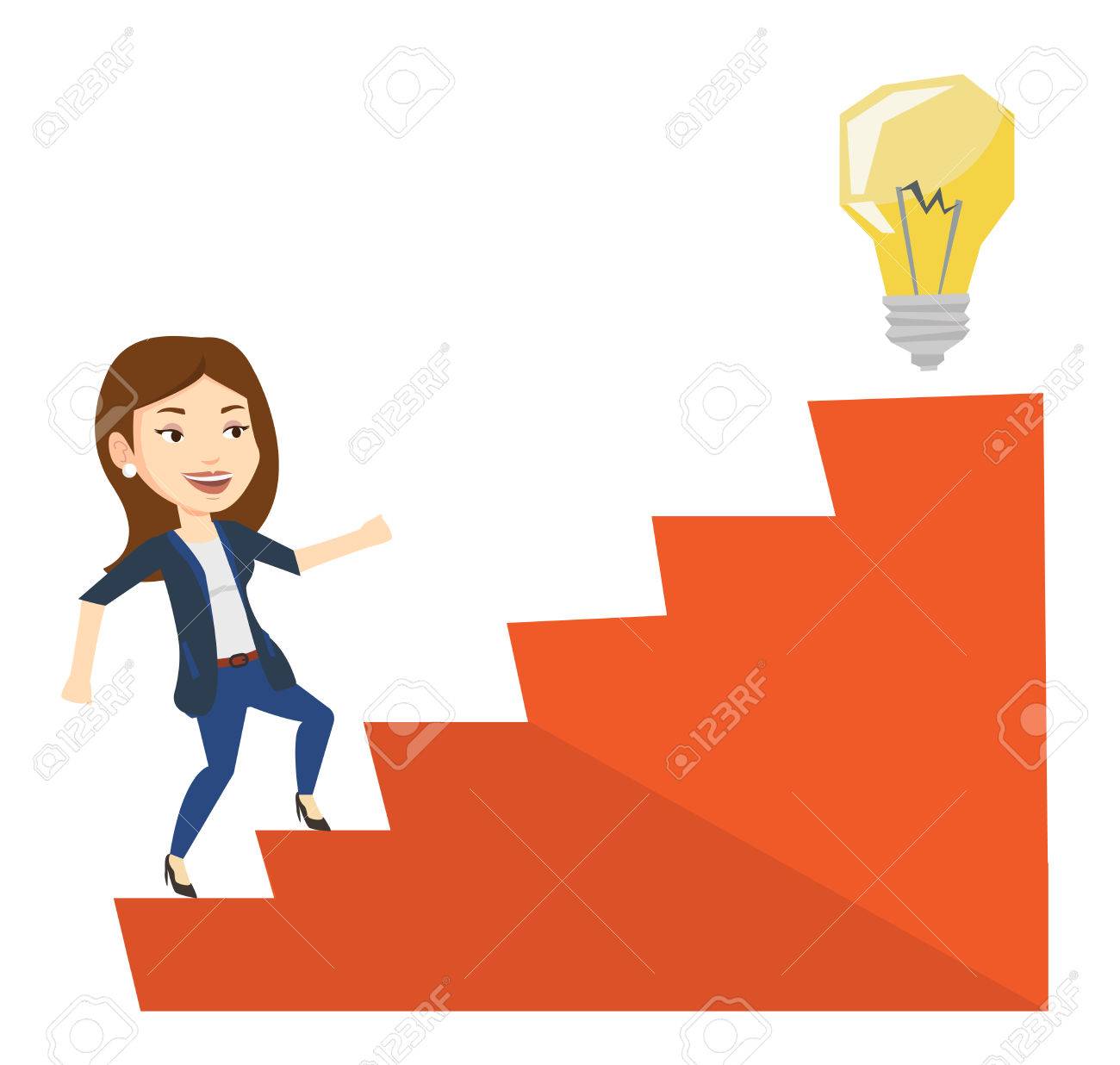 Businesswoman walking upstairs to the idea bulb. Businesswoman...