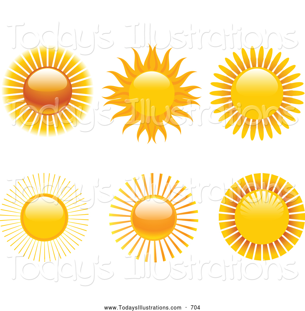 Clipart of a Collection of 6 Hot Warm Suns with Rays over a.