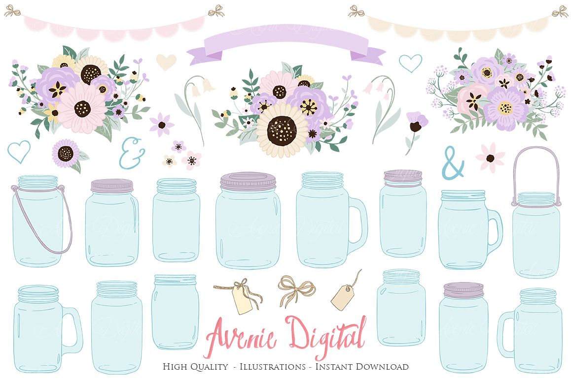 Lilac Mason Jar Floral Light Purple Wedding Clipart.