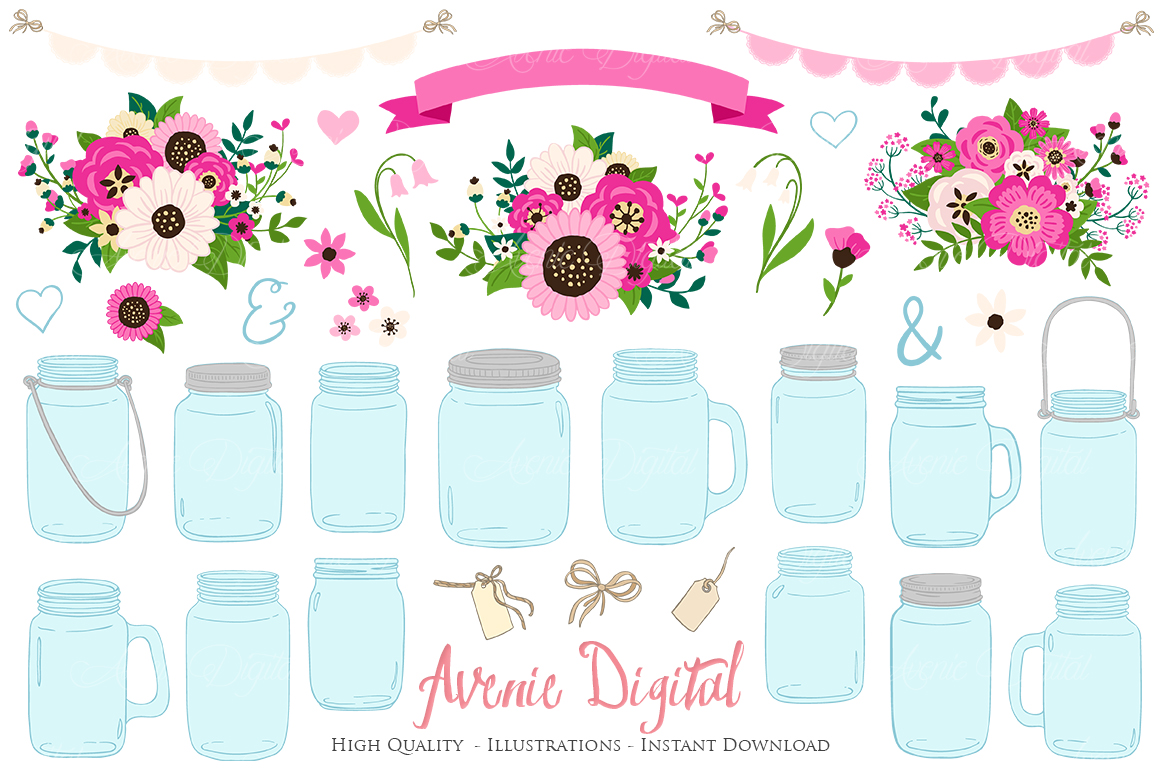 Hot Pink Mason Jar Floral Wedding Clipart.