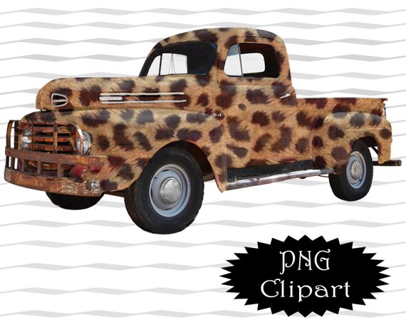 Vintage Leopard Print Truck Clipart / Old Pickup Truck.