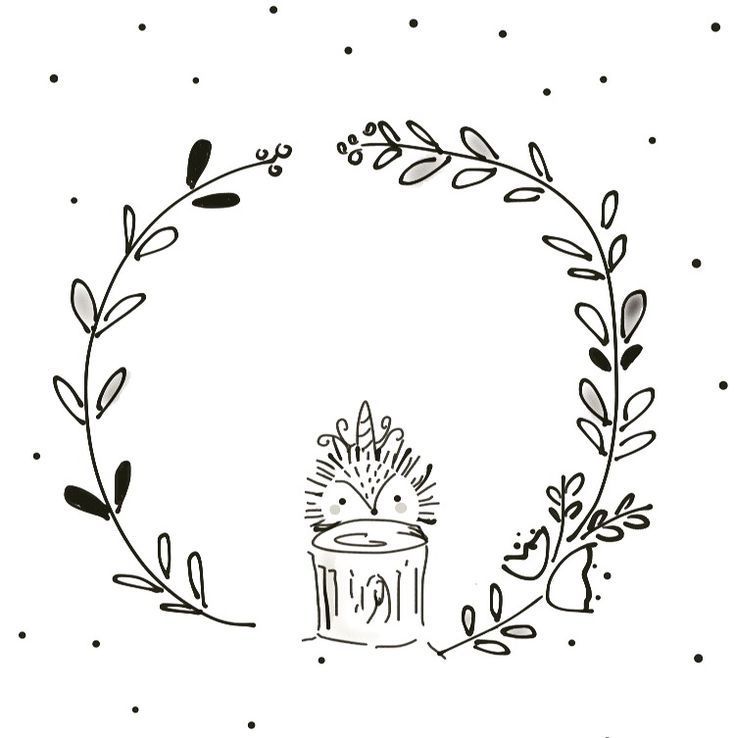 Black and White whimsical wreath illustration, animal.