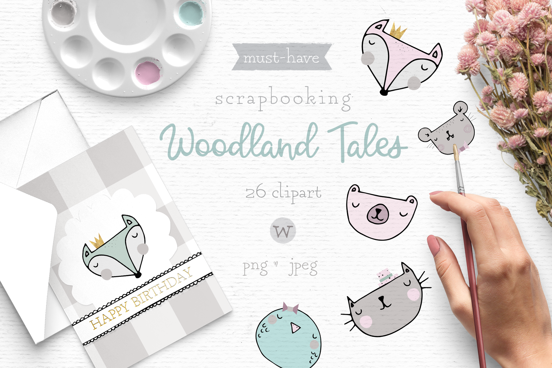 Woodland animal clipart, whimsical clipart, Scandinavian By.