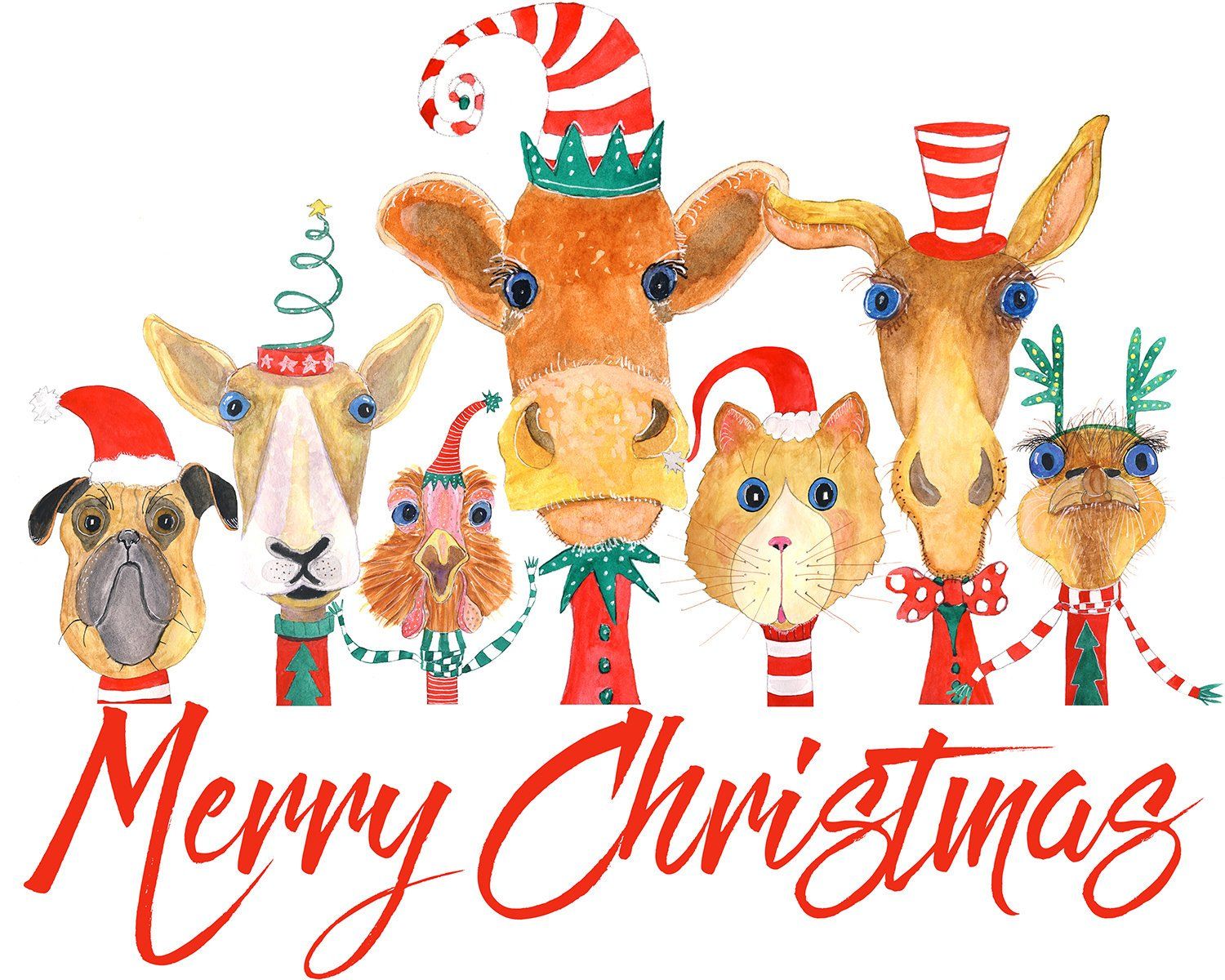 Merry Christmas Illustrated animal card, whimsical animals.