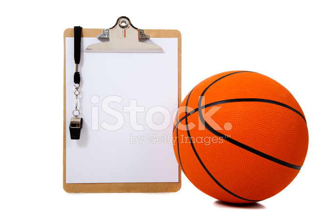 Coaches Clipboard and Basketball With Whistle Stock Photos.