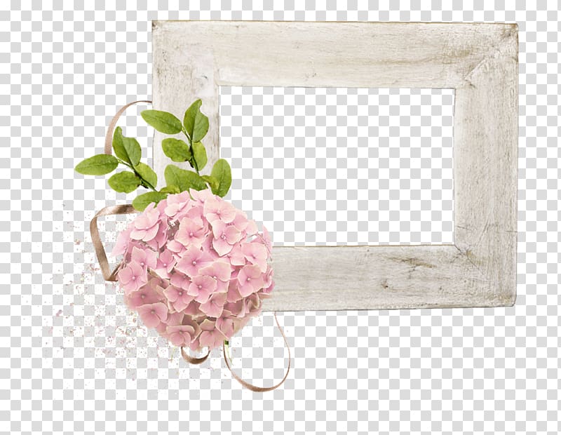 Rectangular white frame with pink hydrangeas illustration.