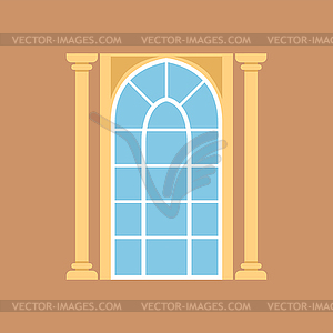 Flat window on brown wall decorated with columns.