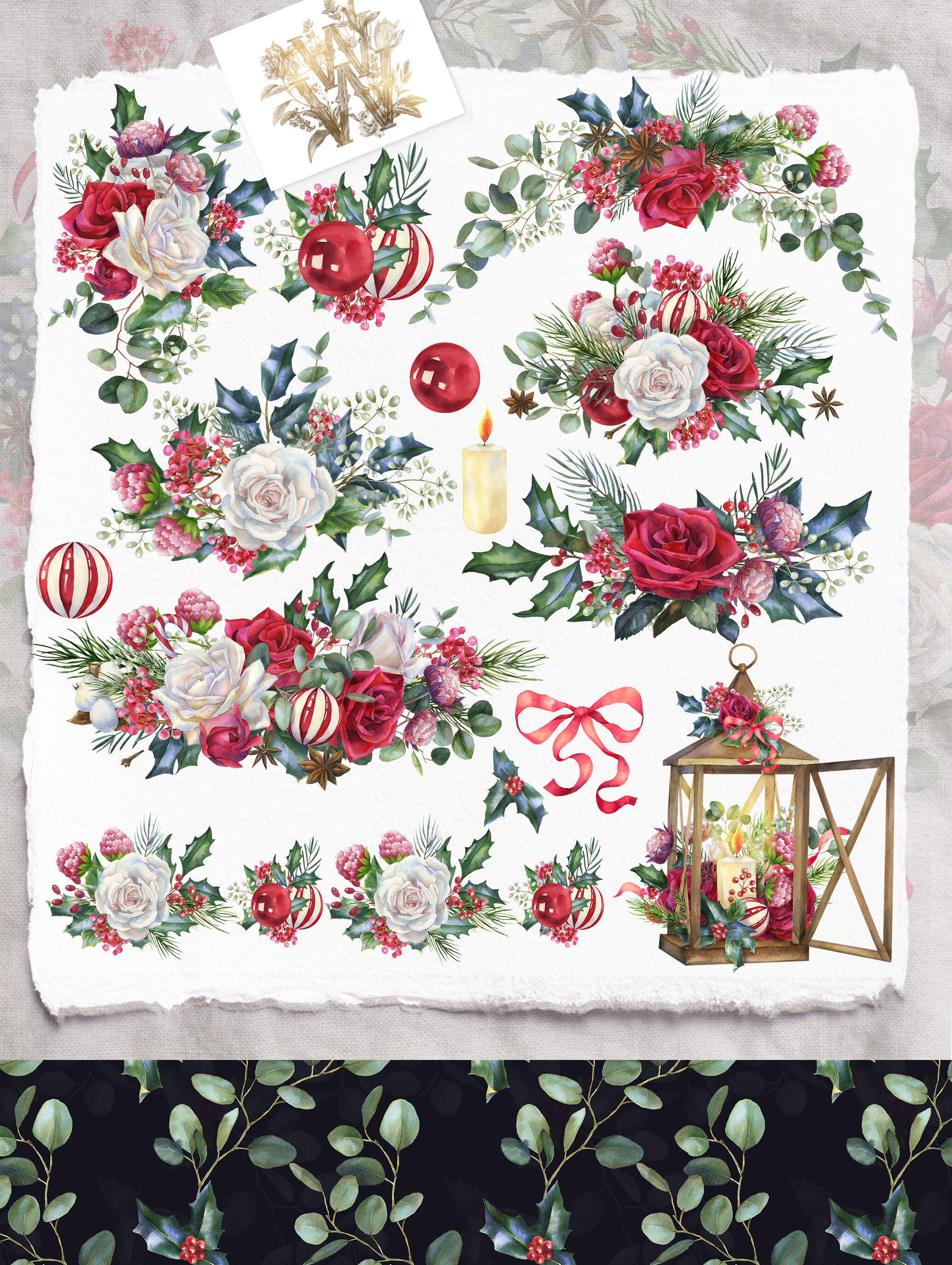 Christmas floral border clipart, Watercolor winter frame.