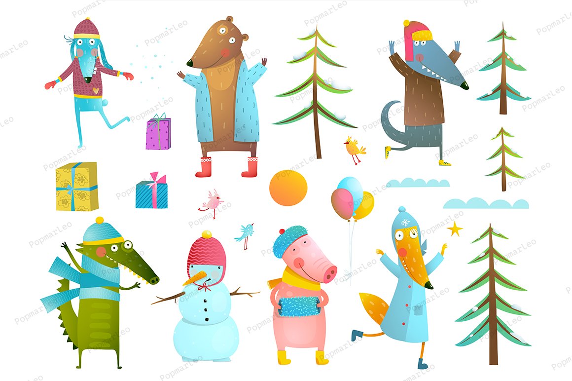 Winter holiday animals clip art.