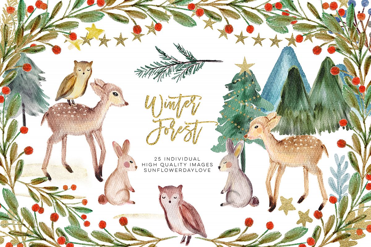 Winter Woodland Animals Clipart, Watercolor Pine Trees.