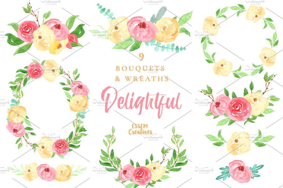 Watercolor Floral Wreaths Clipart.