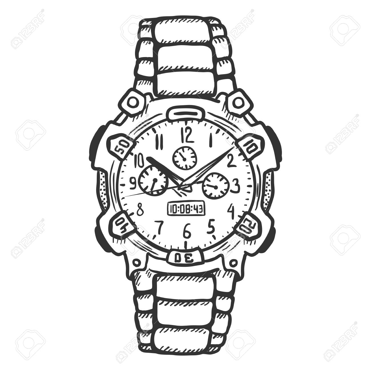 Vector Sketch Fashionable Mens Wrist Watch On White Background.