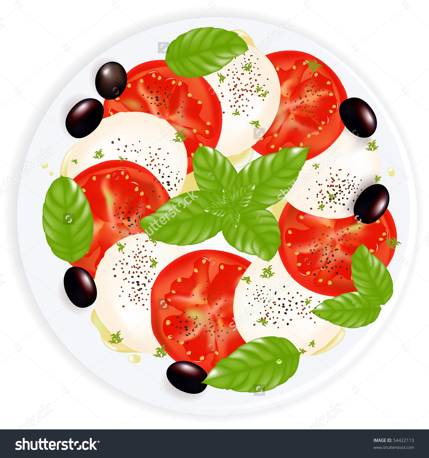 Caprese Salad Mozzarella Basil Black Olives Stock Vector 54422113.