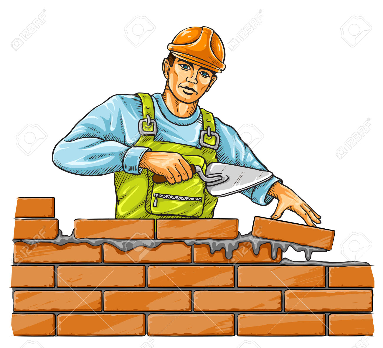 Builder Man With Derby Tool Building A Brick Wall.