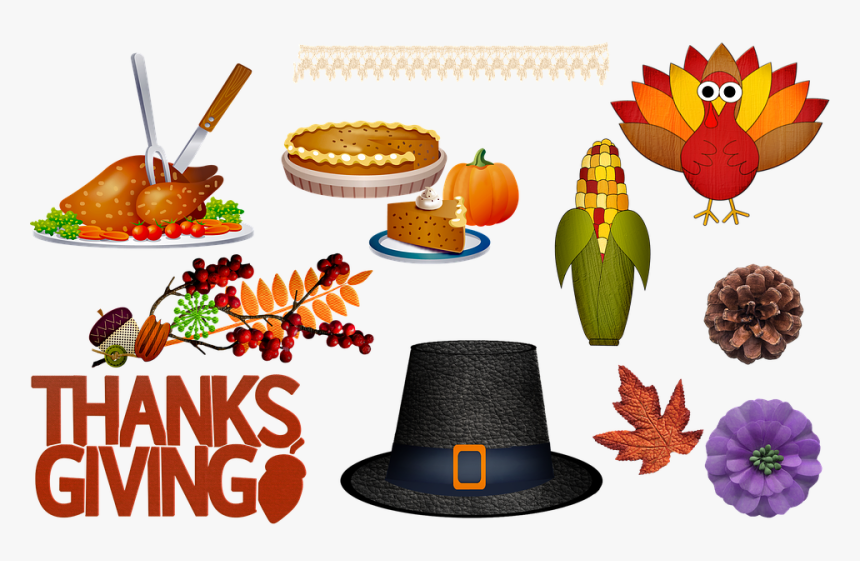 Thanksgiving, Pilgrim Hat, Corn, Pumpkin Pie, Flowers.