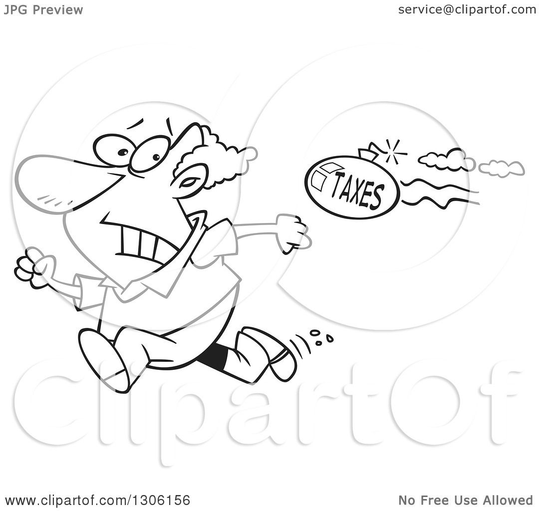 Lineart Clipart of a Cartoon Black and White Tax Evasion Bomb.