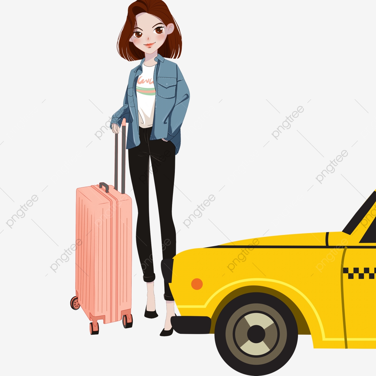 Girl Taking A Taxi Out, Cartoon, Illustration, Girl PNG.