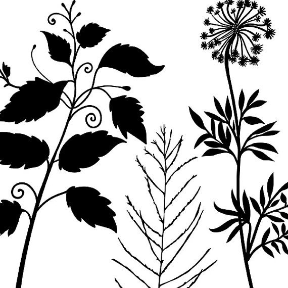 Tall Foliage Clip Art, Long Stem Flowers & Leaf Silhouettes.