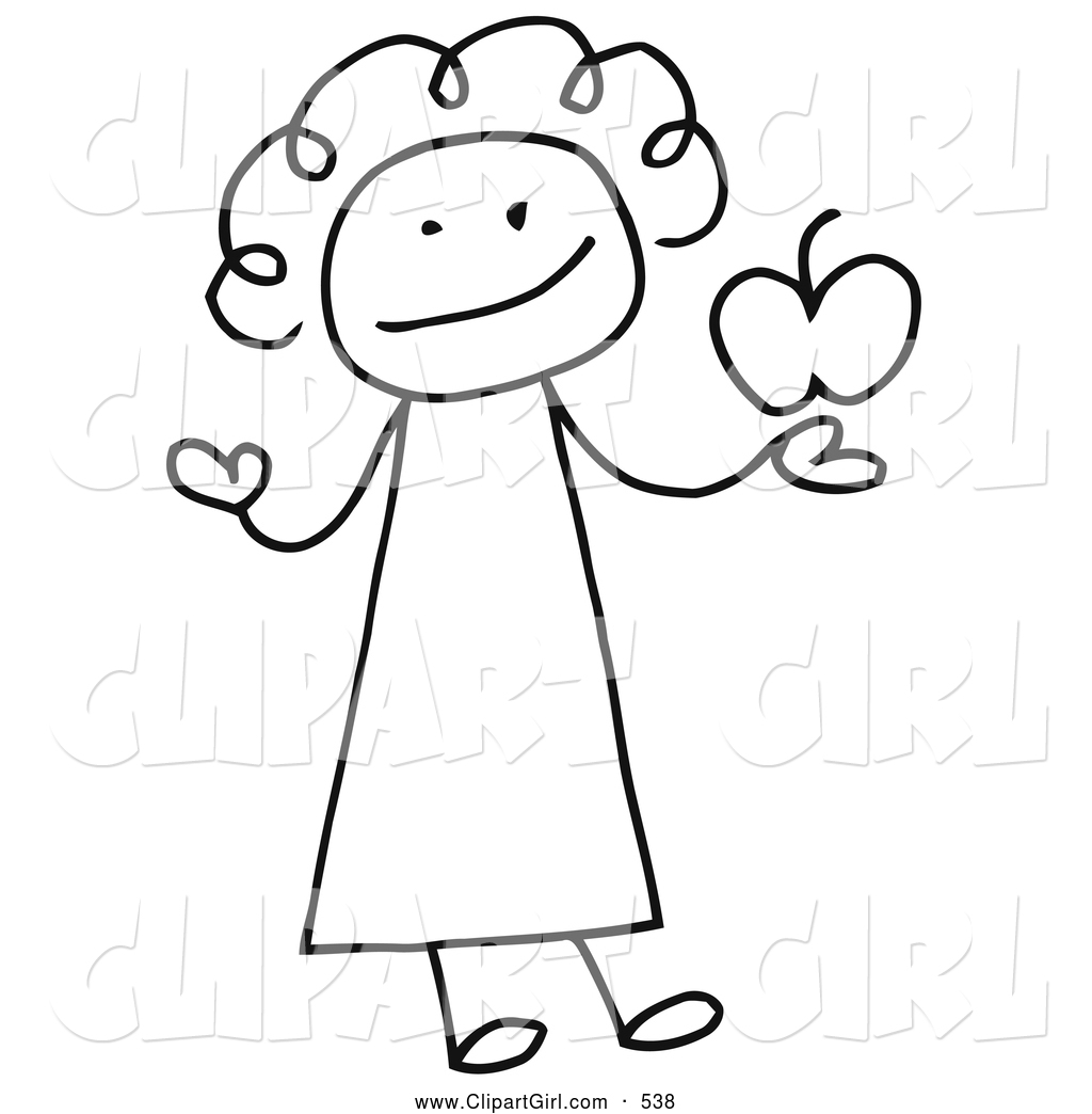 Clip Art of a Female Stick Person Teacher Holding an Apple.