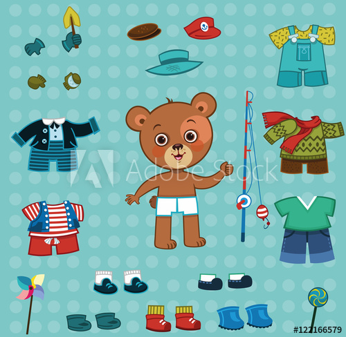 Cute bear boy with his cloth set. For dress up,paper doll.