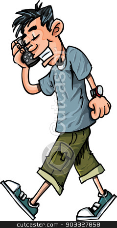 Cartoon of teen boy talking on his mobile phone stock vector.