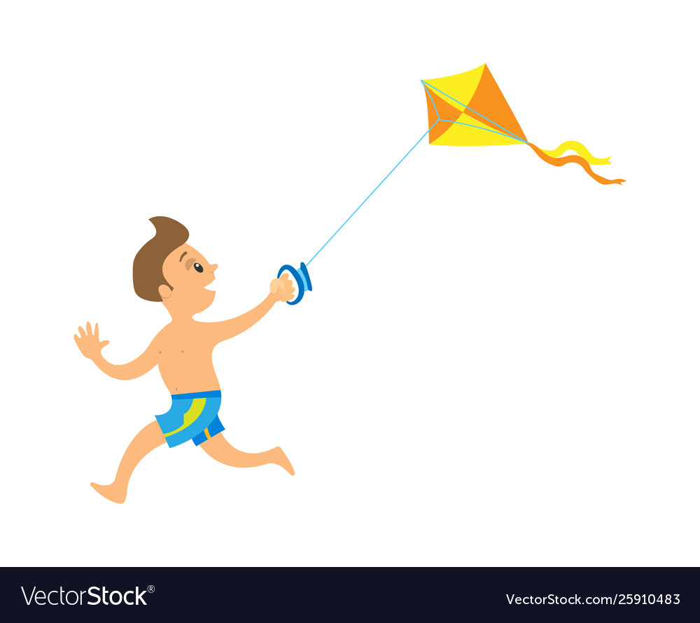 Child playing kite on beach running kid.