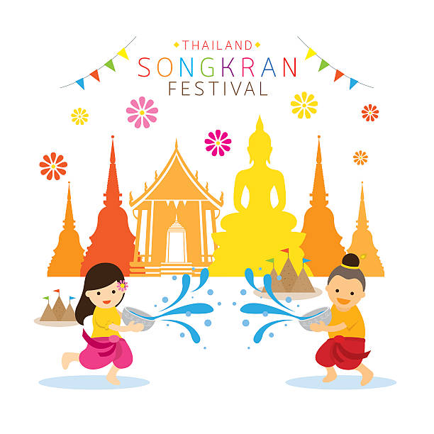 Songkran Festival, Kids Playing Water In Temple Clip Art, Vector.