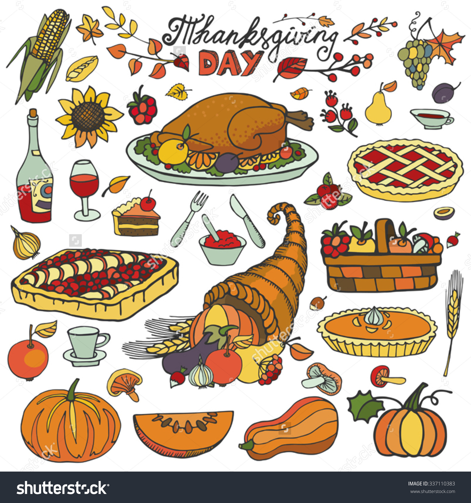 Thanksgiving Day Iconsdoodle Food Setautumn Harvest Stock Vector.