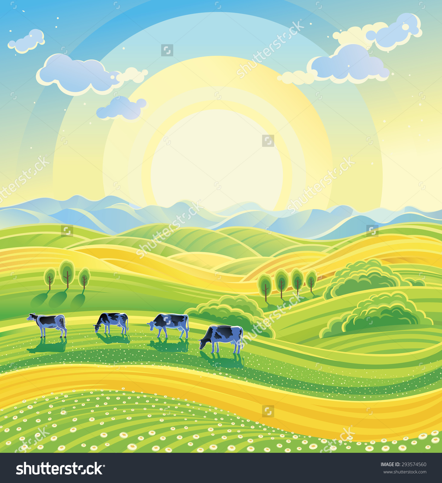 Sunny Summer Landscape Herd Cows On Stock Vector 293574560.