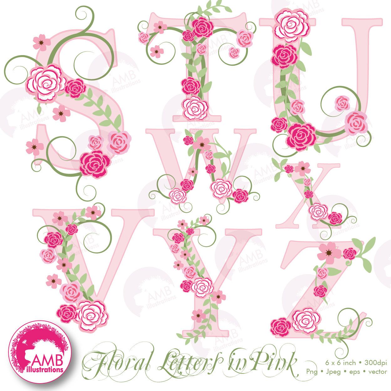 Floral Alphabet clipart, Shabby Chic Pink Roses Letters.