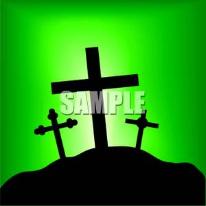 Silhouette Of Three Crosses On A Hill.