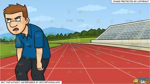 A Man Looking So Tired And Annoyed and Running Track Background.