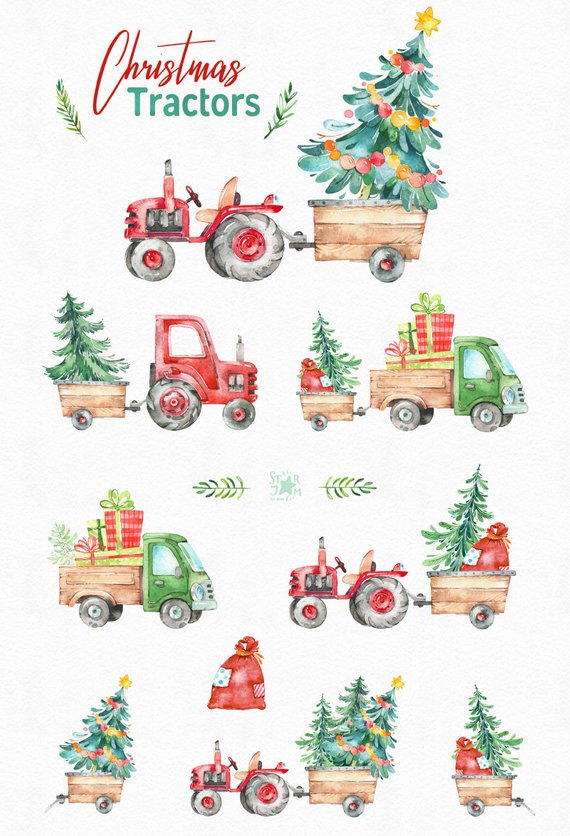 Christmas Tractors. Watercolor holiday country clipart.