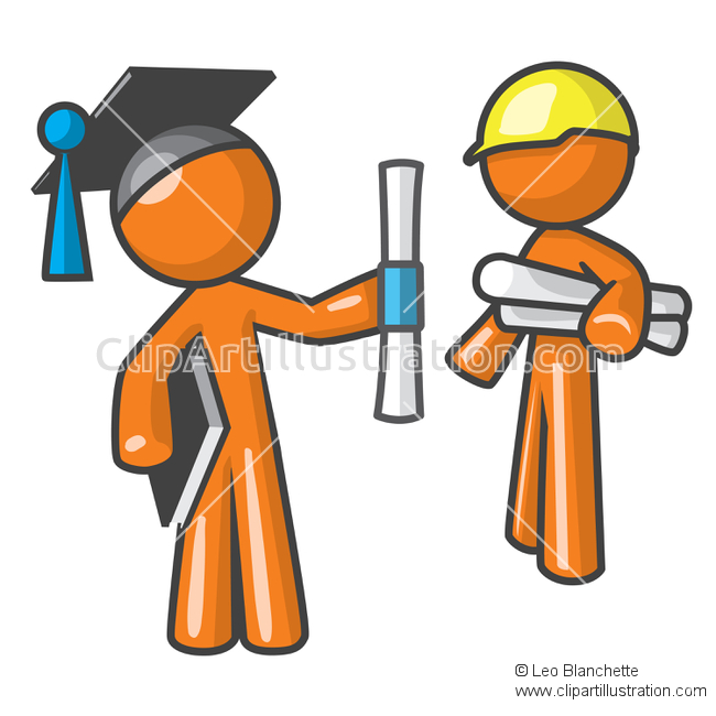 ClipArt Illustration of Orange Man Apprentice Graduate and Trained.