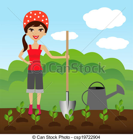 Vector Clipart of woman plants a nursery transplant.