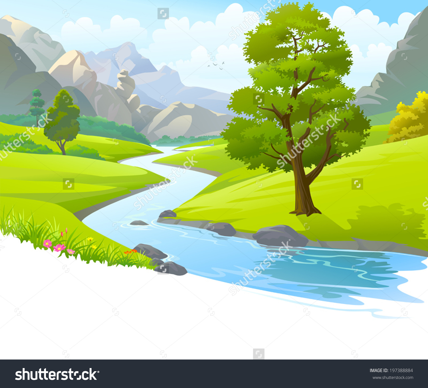 Illustration River Flowing Through Mountains Hills Stock Vector.