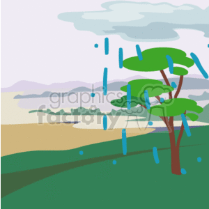 Rain cloud over tree in meadow clipart. Royalty.