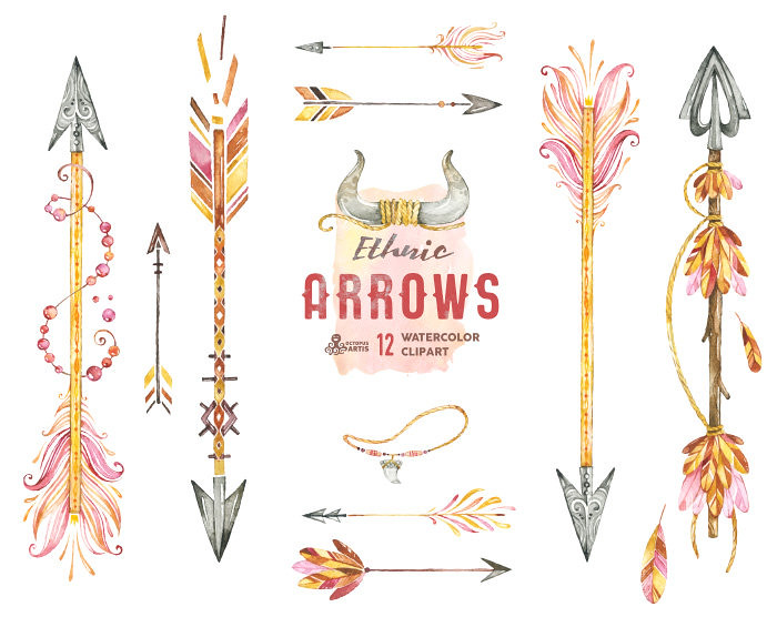 Ethnic Arrows. 12 Watercolor Hand painted Clipart elements.