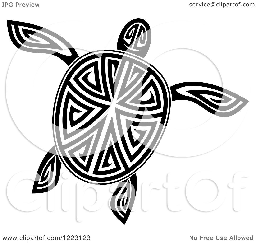 Clipart of a Black and White Tribal Sea Turtle 6.