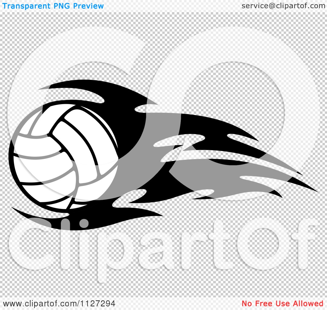 Clipart Of A Black And White Volleyball With Tribal Flames 2.