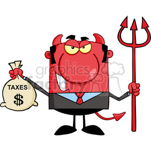 Royalty Free Smiling Devil With A Trident And Holding Taxes Bag clipart.  Royalty.