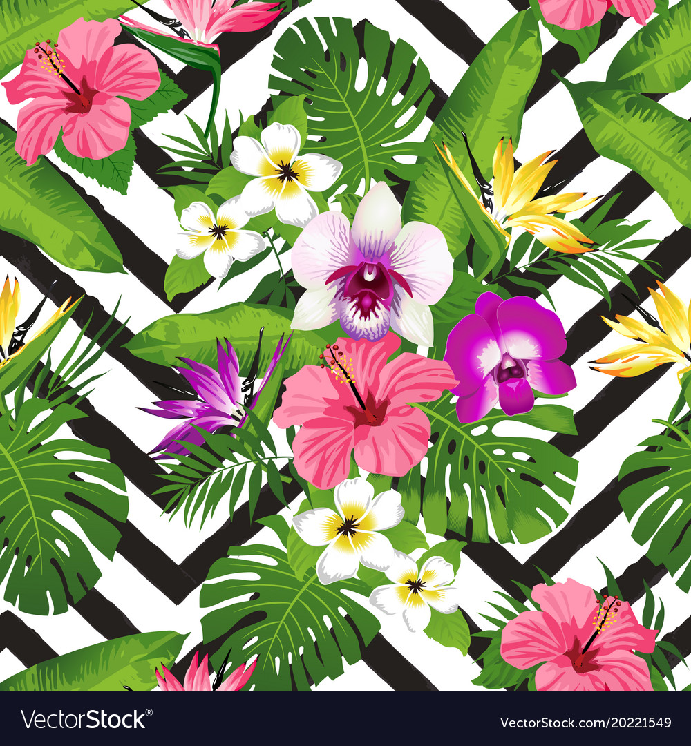 Tropical flowers and palm leaves on zig zag.