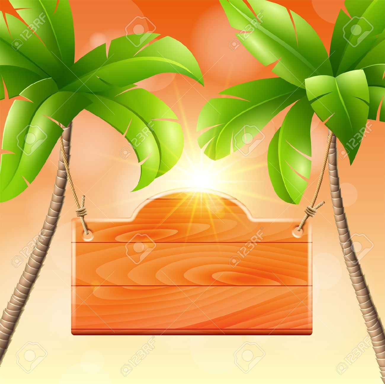 Wooden Signboard On A Palm Tropical Design Royalty Free Cliparts.