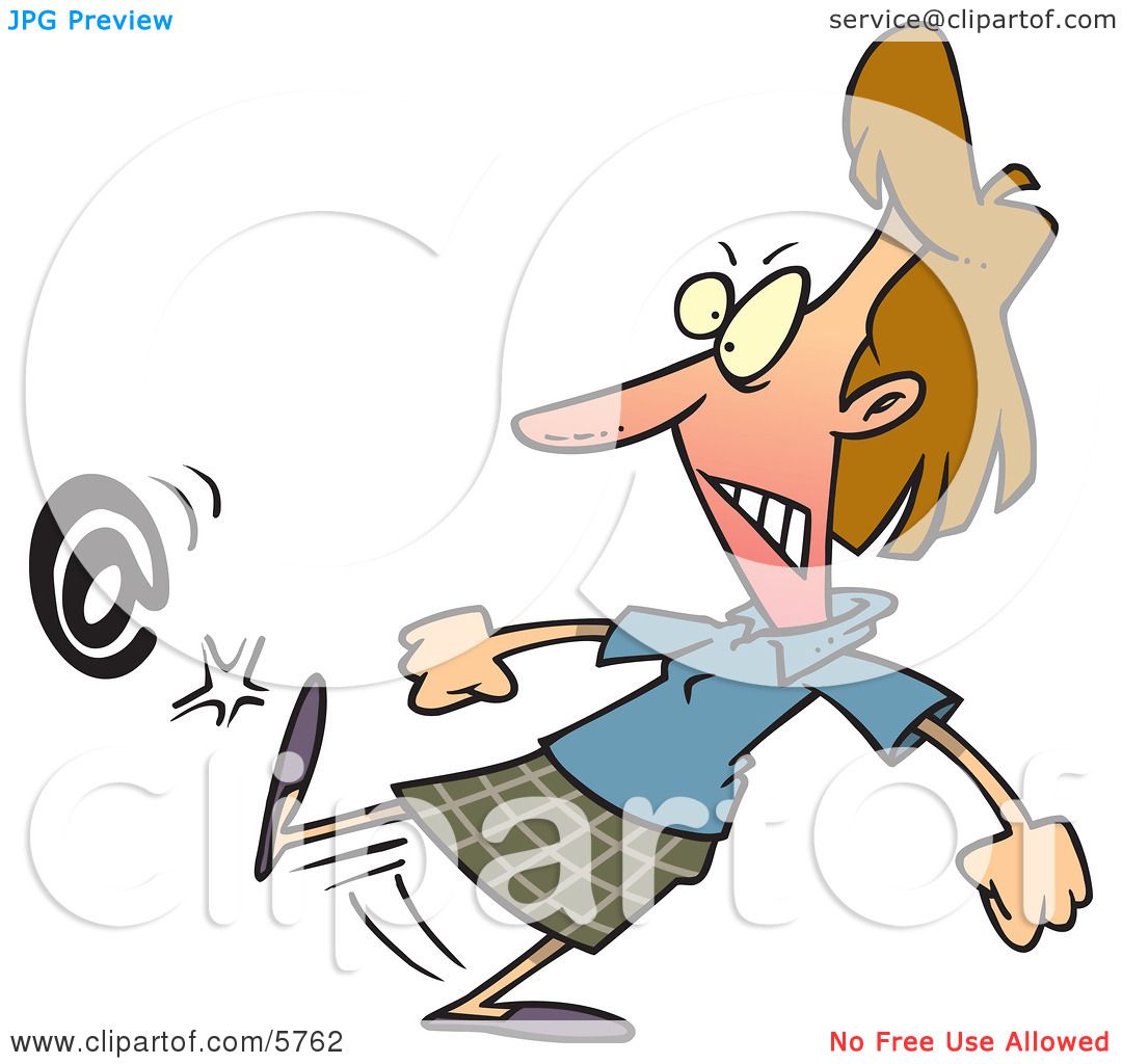 Angry Woman Kicking an At Symbol Clipart Illustration by Ron.