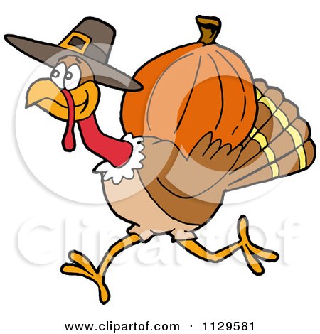 Clipart of a Cartoon Winking Sexy Pilgrim Woman Holding a Turkey.