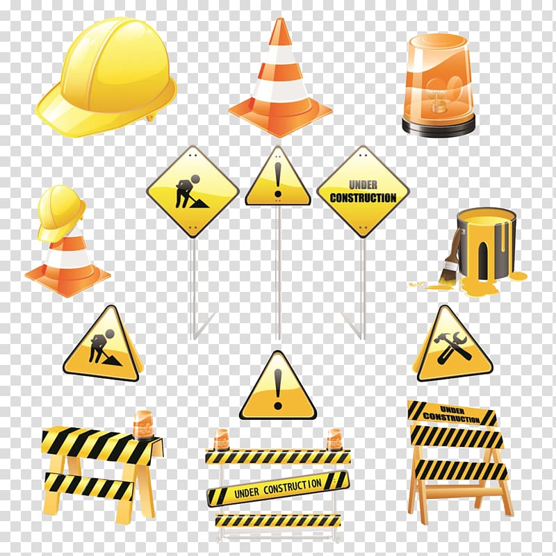 Illustration of hard hat, traffic cone, signages, and beacon.